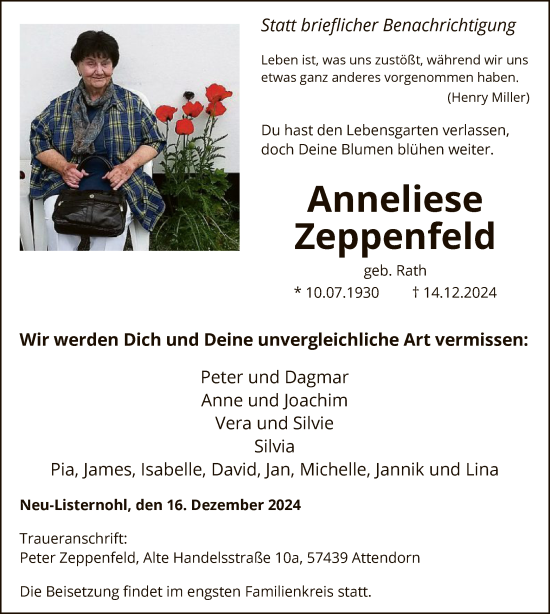 Traueranzeige von Anneliese Zeppenfeld von WA