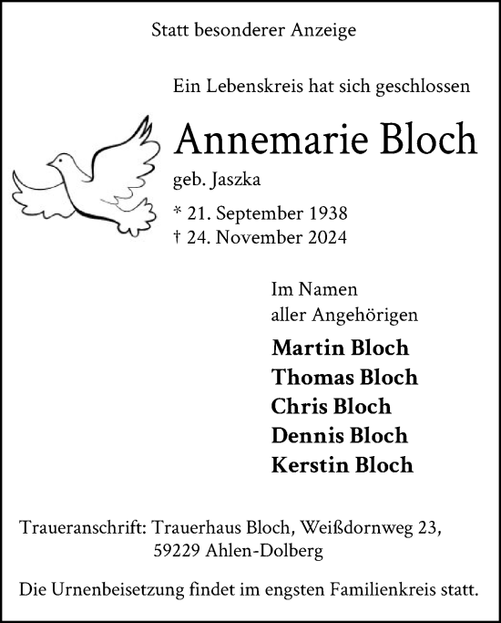 Traueranzeige von Annemarie Bloch von WA