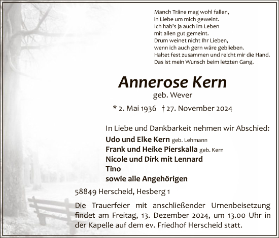 Traueranzeige von Annerose Kern von WA