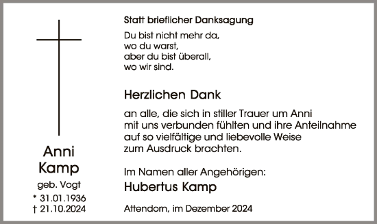 Traueranzeige von Anni Kamp von WA