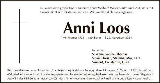 Traueranzeige von Anni Loos von WA