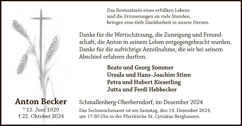  Traueranzeige für Anton Becker vom 07.12.2024 aus WA