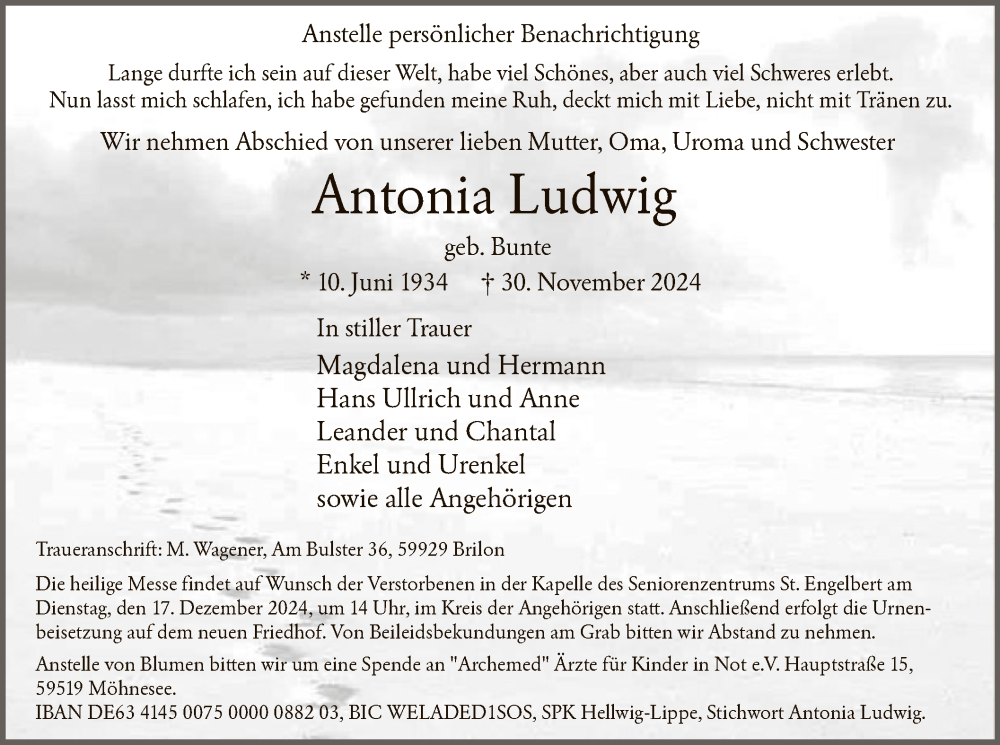  Traueranzeige für Antonia Ludwig vom 14.12.2024 aus WA