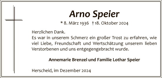 Traueranzeige von Arno Speier von WA