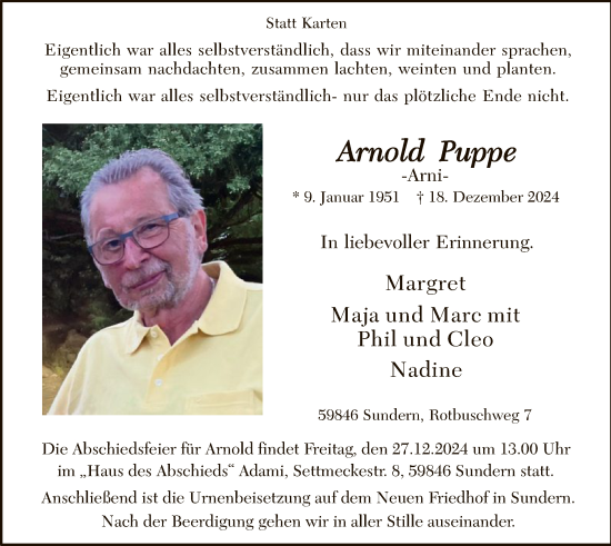 Traueranzeige von Arnold Puppe von WA