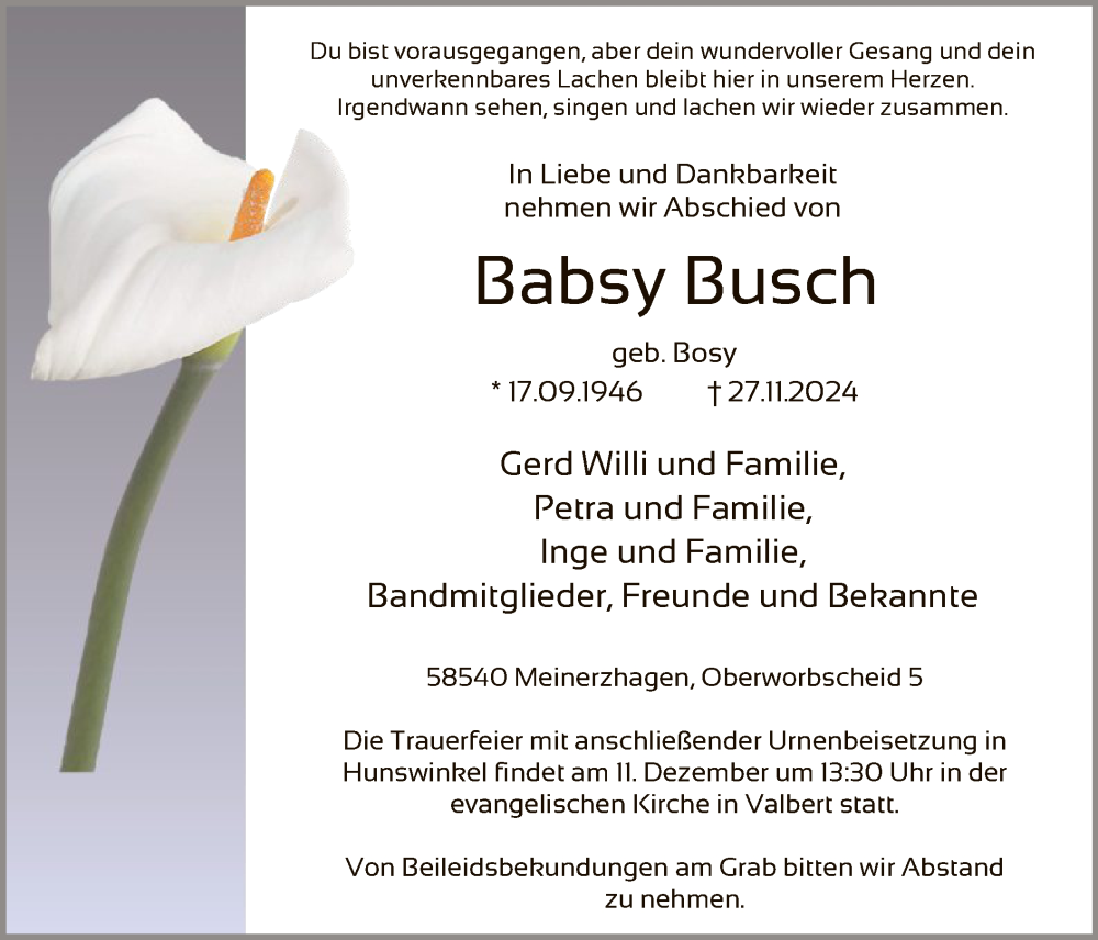  Traueranzeige für Babsy Busch vom 05.12.2024 aus WA