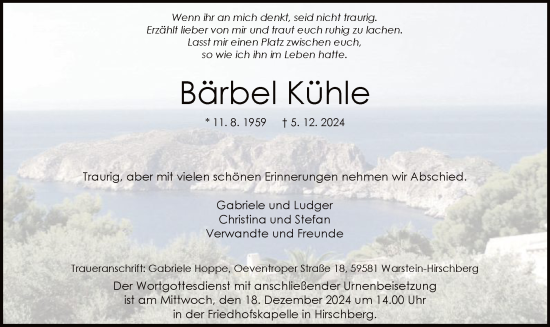 Traueranzeige von Bärbel Kühle von WA