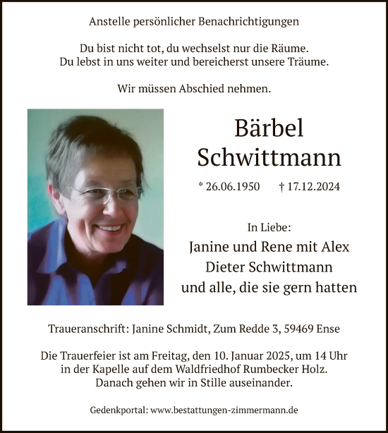 Traueranzeige von Bärbel Schwittmann von WA