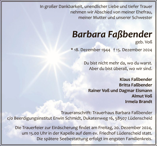 Traueranzeige von Barbara Faßbender von WA