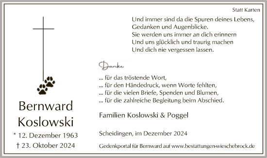 Traueranzeige von Bernward Koslowski von WA