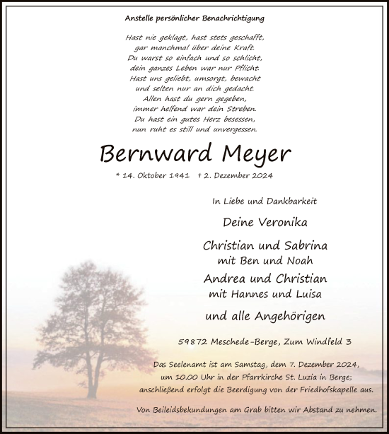 Traueranzeige von Bernward Meyer von WA