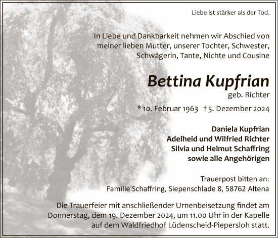 Traueranzeige von Bettina Kupfrian von WA