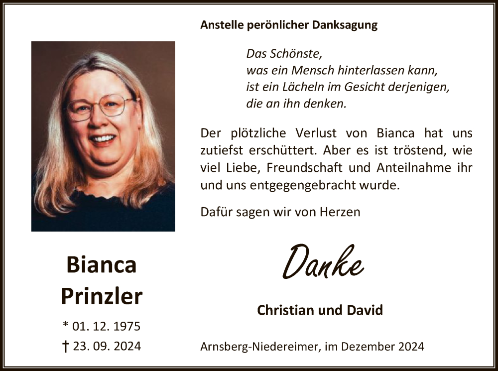  Traueranzeige für Bianca Prinzler vom 07.12.2024 aus WA