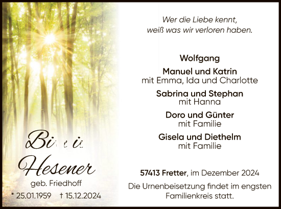 Traueranzeige von Birgit Hesener von WA