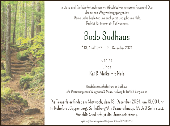 Traueranzeige von Bodo Sudhaus von WA