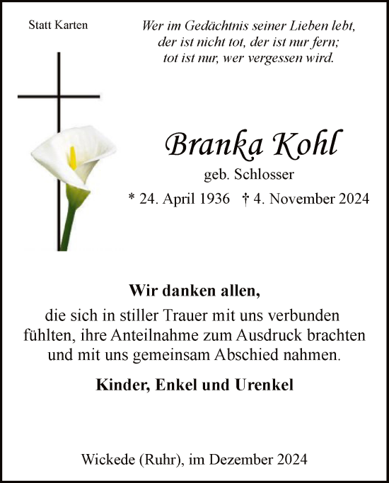 Traueranzeige von Branka Kohl von WA