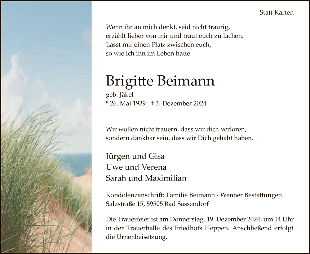  Traueranzeige für Brigitte Beimann vom 14.12.2024 aus WA