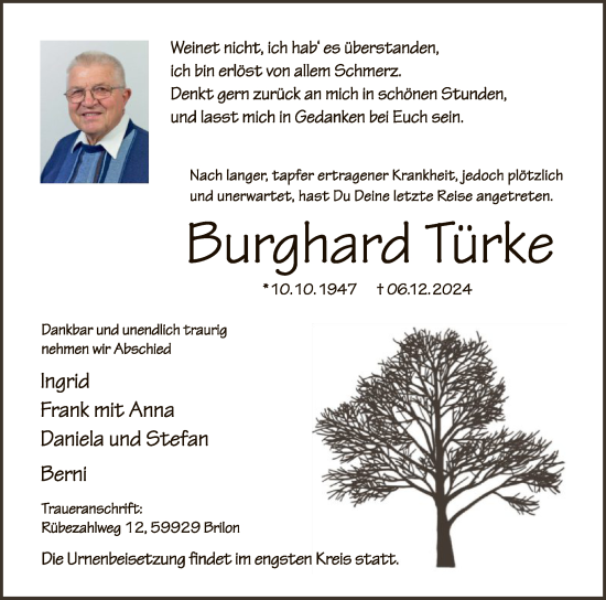 Traueranzeige von Burghard Türke von WA