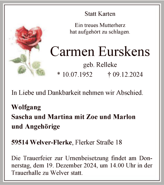 Traueranzeige von Carmen Eurskens von WA