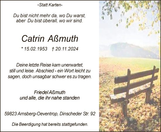 Traueranzeige von Catrin Aßmuth von WA