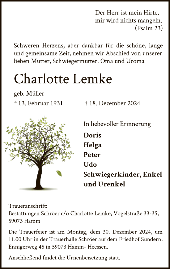 Traueranzeige von Charlotte Lemke von WA
