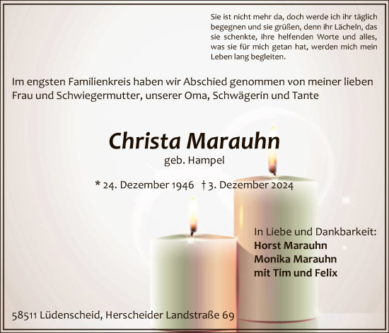 Traueranzeige von Christa Marauhn von WA