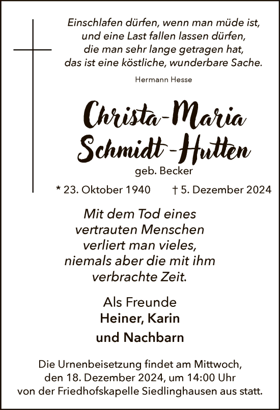 Traueranzeige von Christa-Maria Schmidt-Hutten von WA