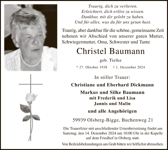 Traueranzeige von Christel Baumann von WA