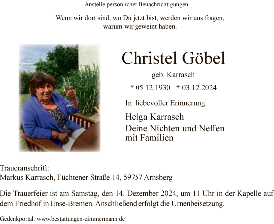 Traueranzeige von Christel Göbel von WA