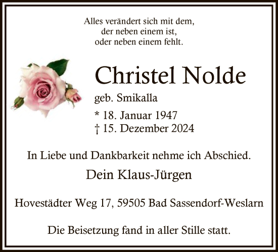 Traueranzeige von Christel Nolde von WA