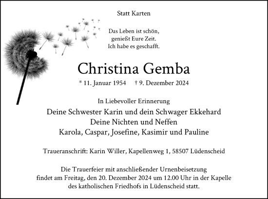Traueranzeige von Christina Gemba von WA