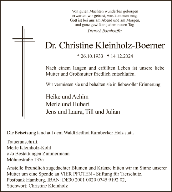Traueranzeige von Christine Kleinholz-Boerner von WA