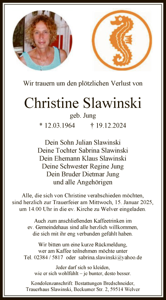 Traueranzeige von Christine Slawinski von WAWA