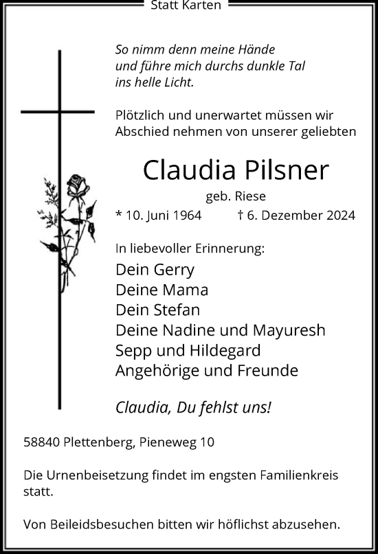 Traueranzeige von Claudia Pilsner von WA
