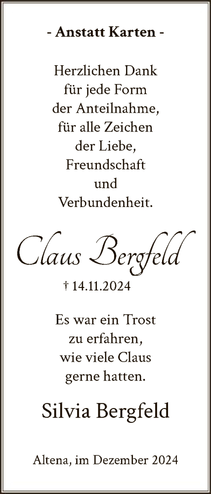 Traueranzeige von Claus Bergfeld von WA
