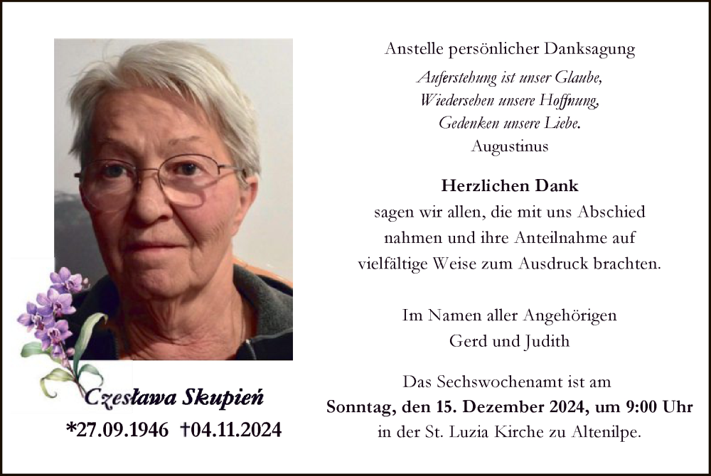  Traueranzeige für Czeslawa Skupien vom 07.12.2024 aus WA