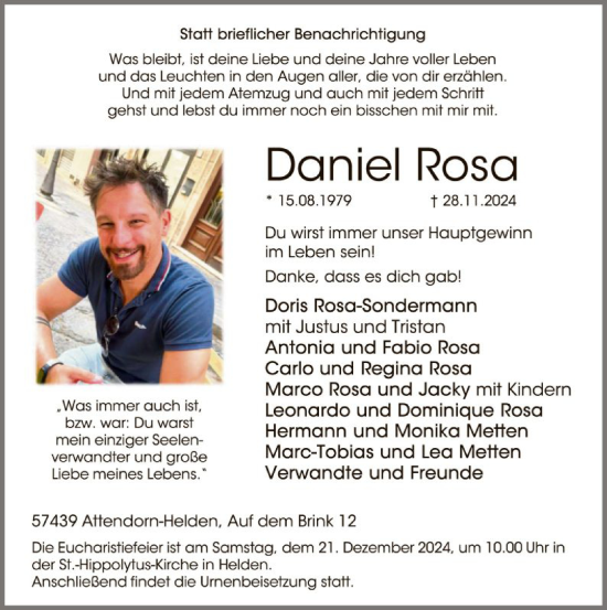 Traueranzeige von Daniel Rosa von WA