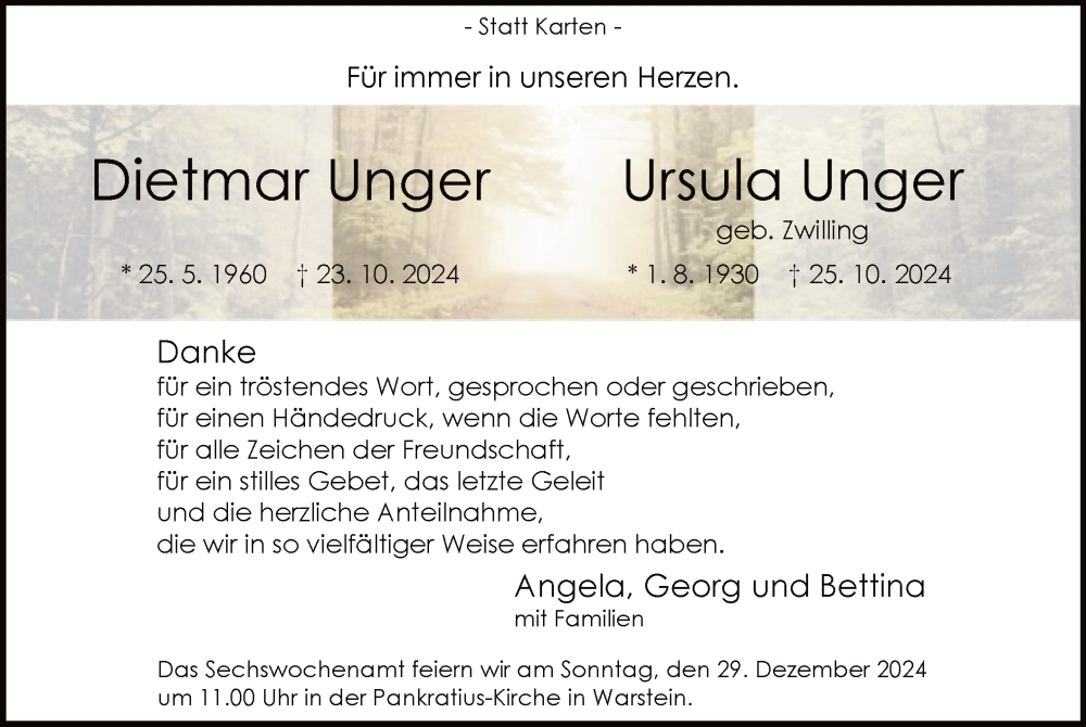  Traueranzeige für Dietmar und Ursula Unger vom 21.12.2024 aus WA