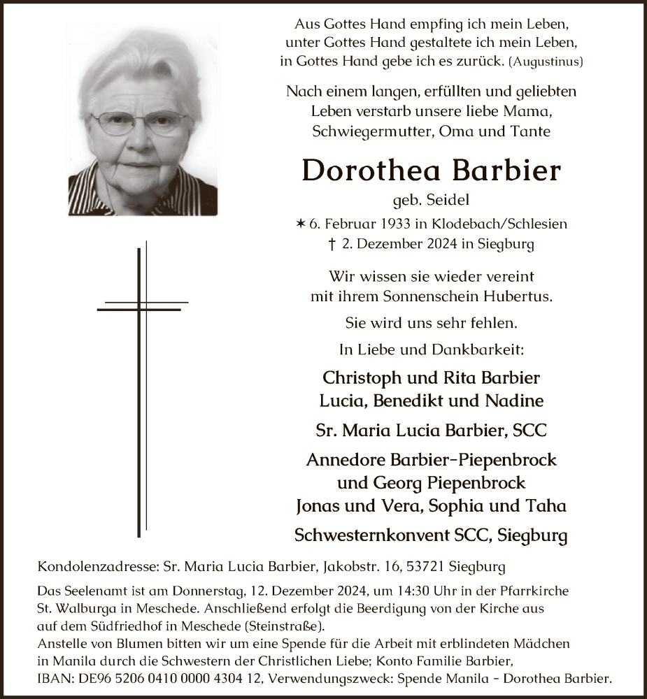  Traueranzeige für Dorothea Barbier vom 07.12.2024 aus WA