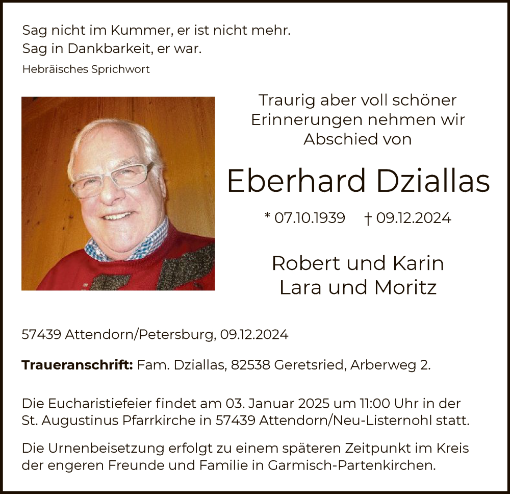  Traueranzeige für Eberhard Dziallas vom 21.12.2024 aus WA
