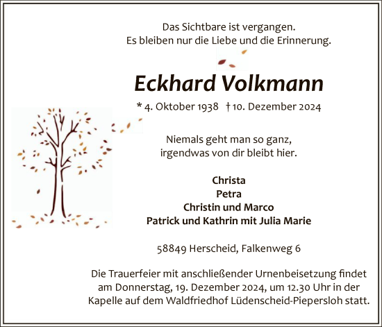 Traueranzeige von Eckhard Volkmann von WA
