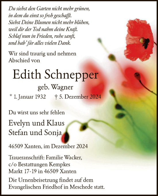 Traueranzeige von Edith Schnepper von WA
