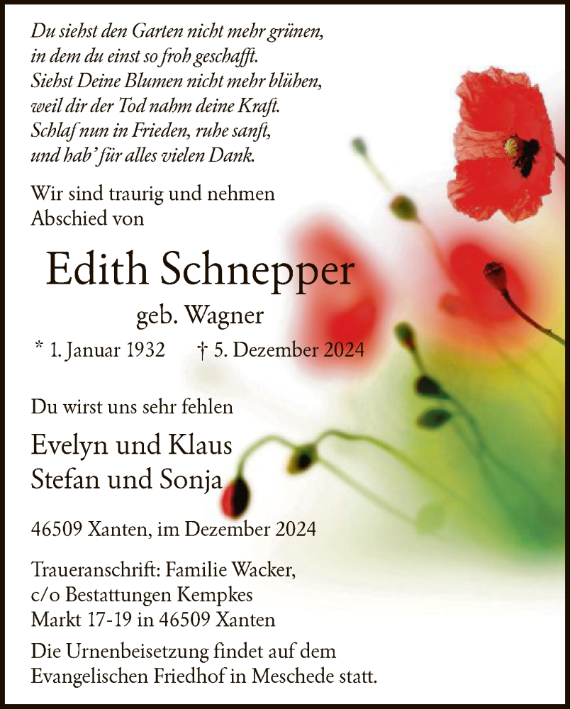  Traueranzeige für Edith Schnepper vom 07.12.2024 aus WA