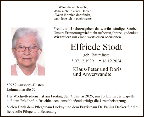 Traueranzeige von Elfriede Stodt von WA