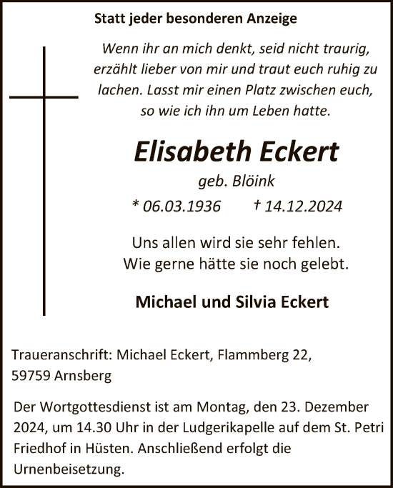 Traueranzeige von Elisabeth Eckert von WA