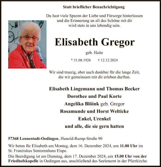 Traueranzeige von Elisabeth Gregor von WA