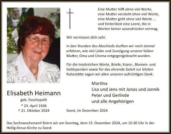 Traueranzeige von Elisabeth Heimann von WA