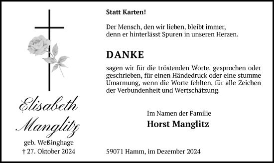 Traueranzeige von Elisabeth Manglitz von WA
