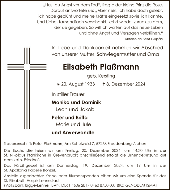 Traueranzeige von Elisabeth Plaßmann von WA