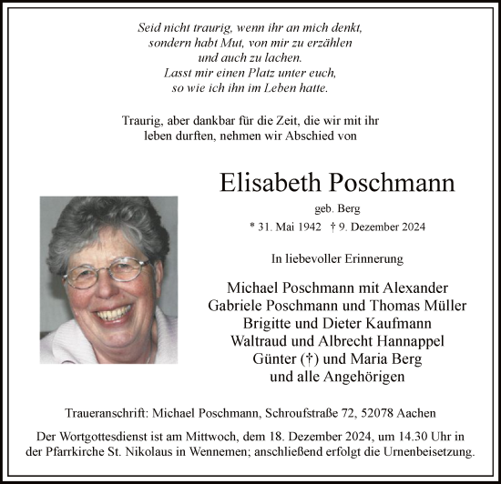 Traueranzeige von Elisabeth Poschmann von WA
